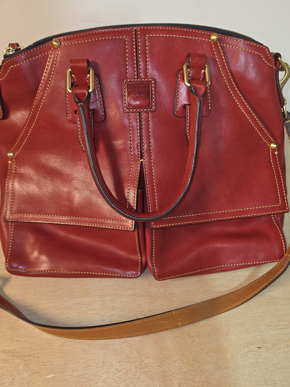 Dooney & Bourke Red Leather Satchel with Contrast Stitching
